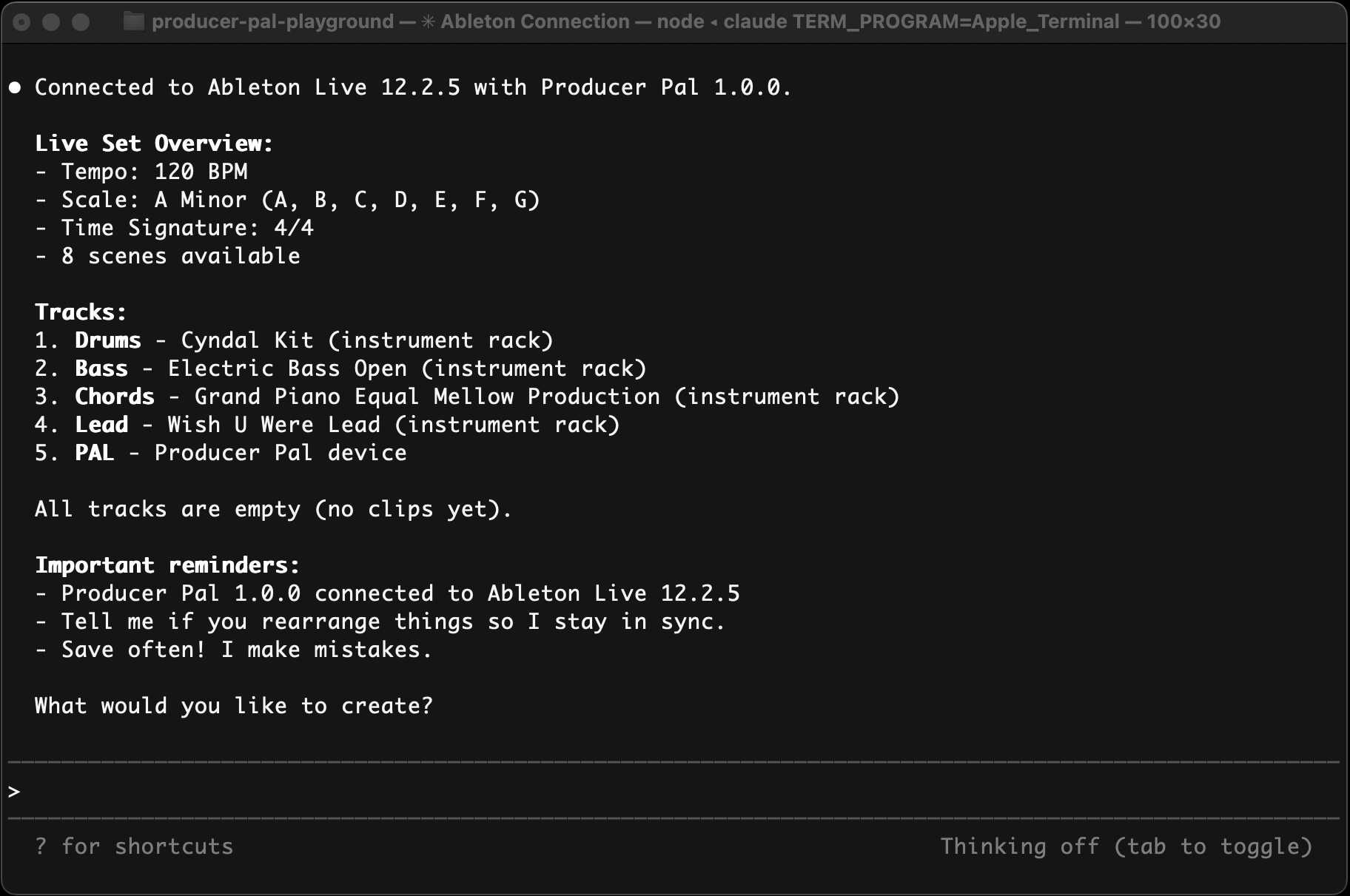 Claude Code successfully connected to Producer Pal