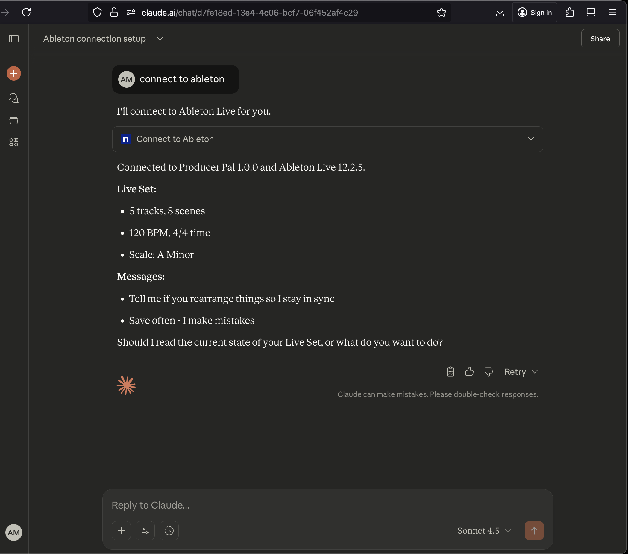 Claude web successfully connected to Producer Pal