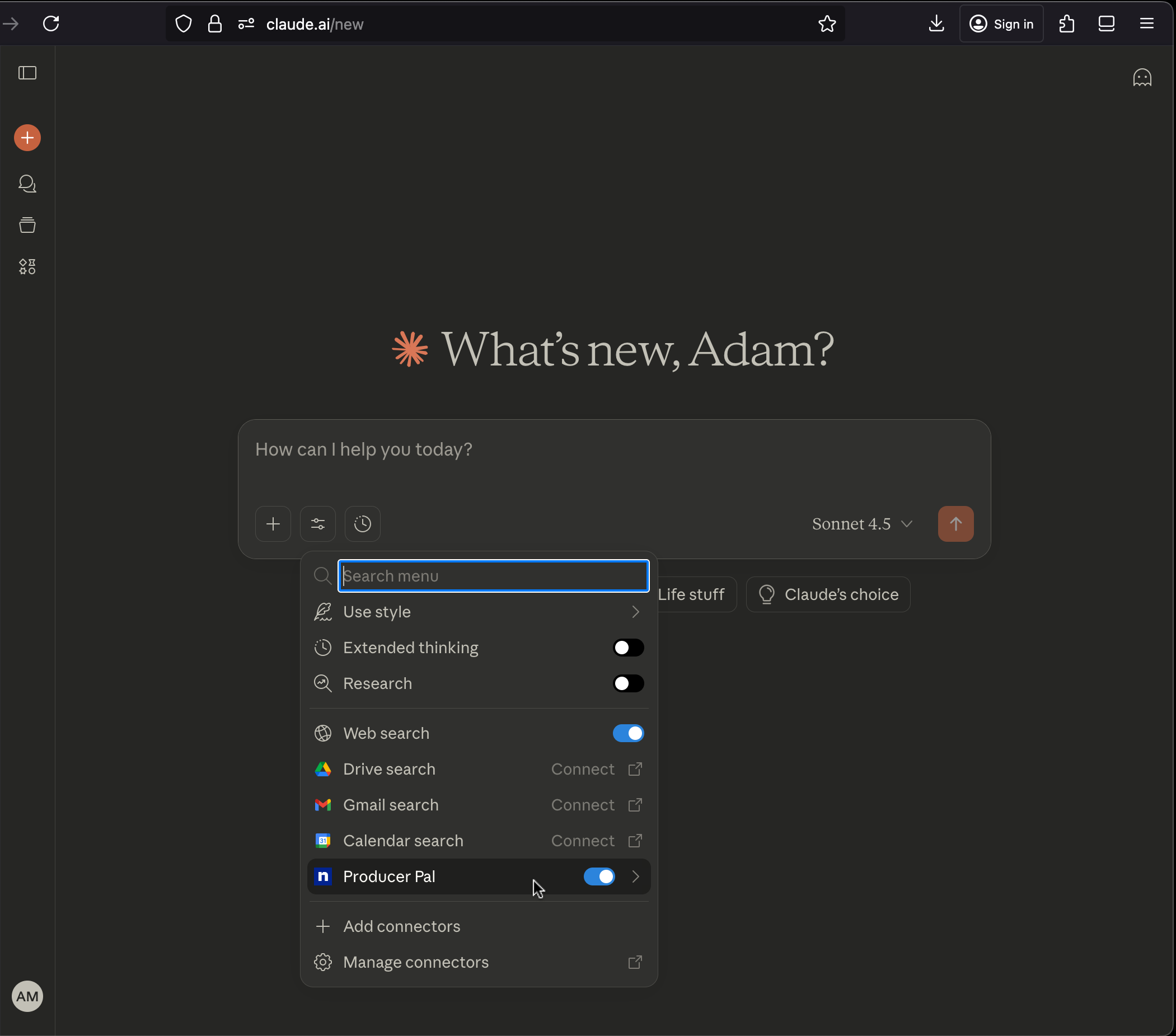 Producer Pal tools in Claude web app