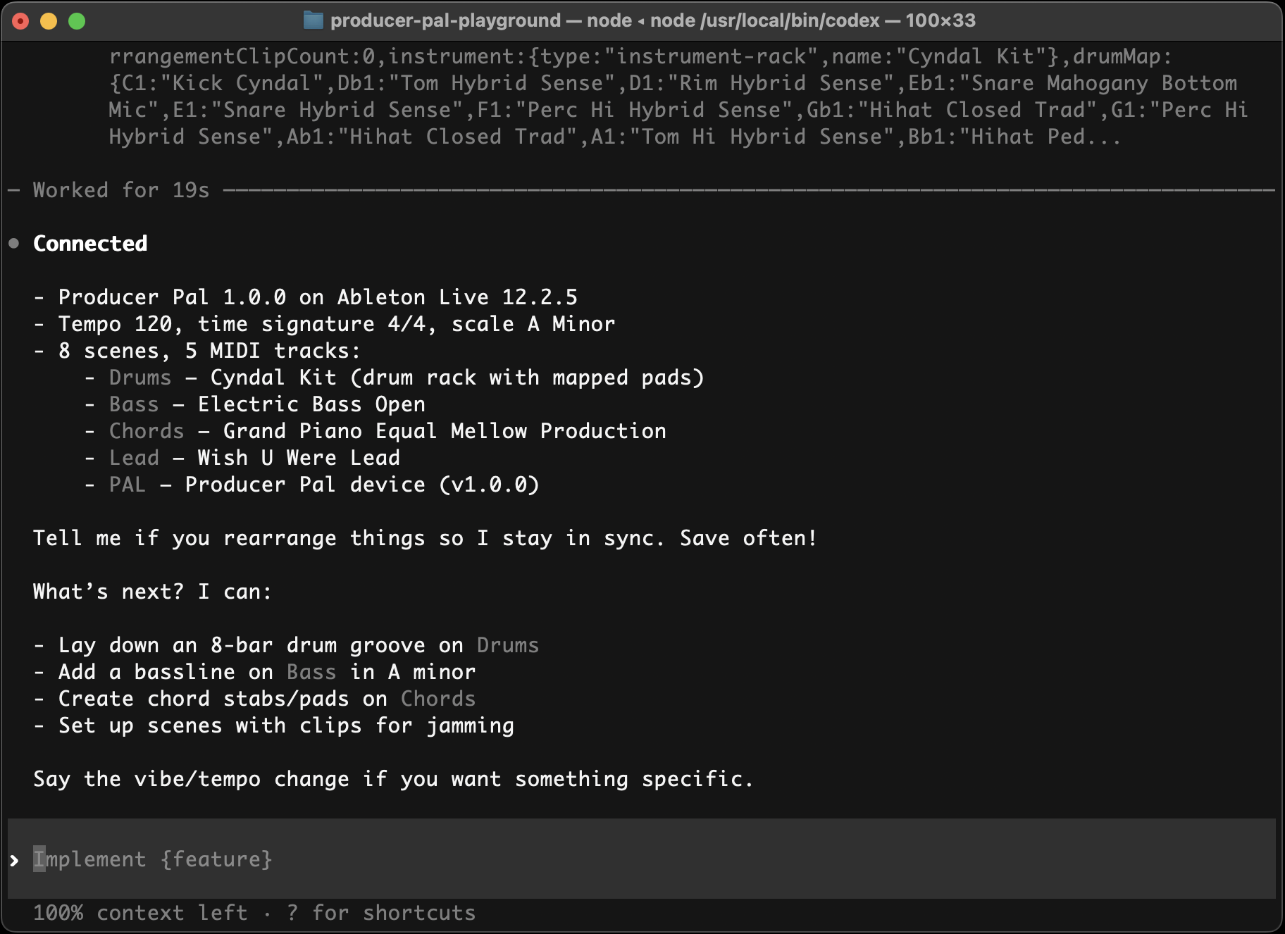 Codex CLI successfully connected to Producer Pal