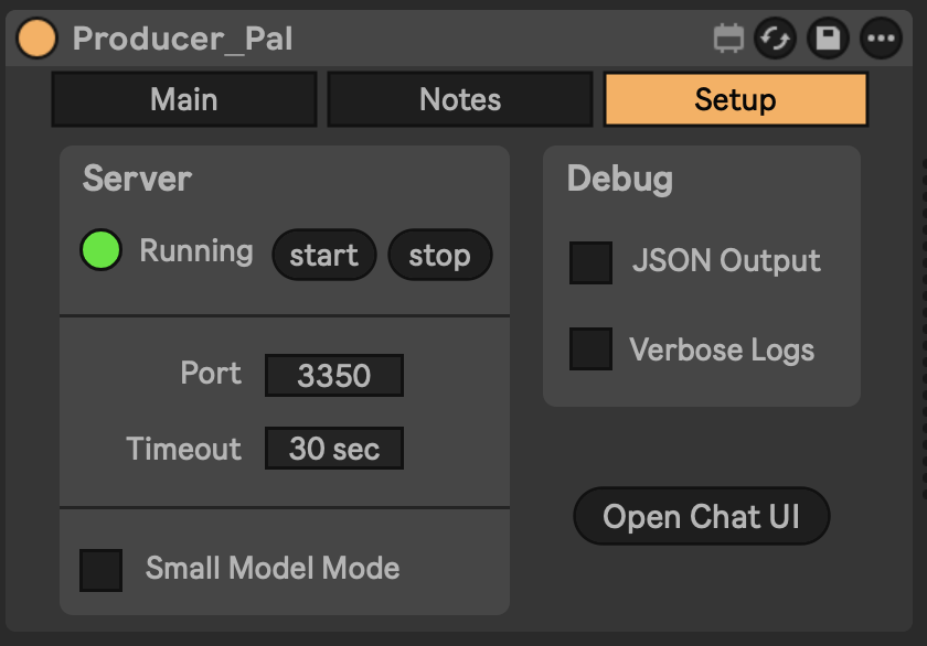 Producer Pal Setup tab with Open Chat UI button