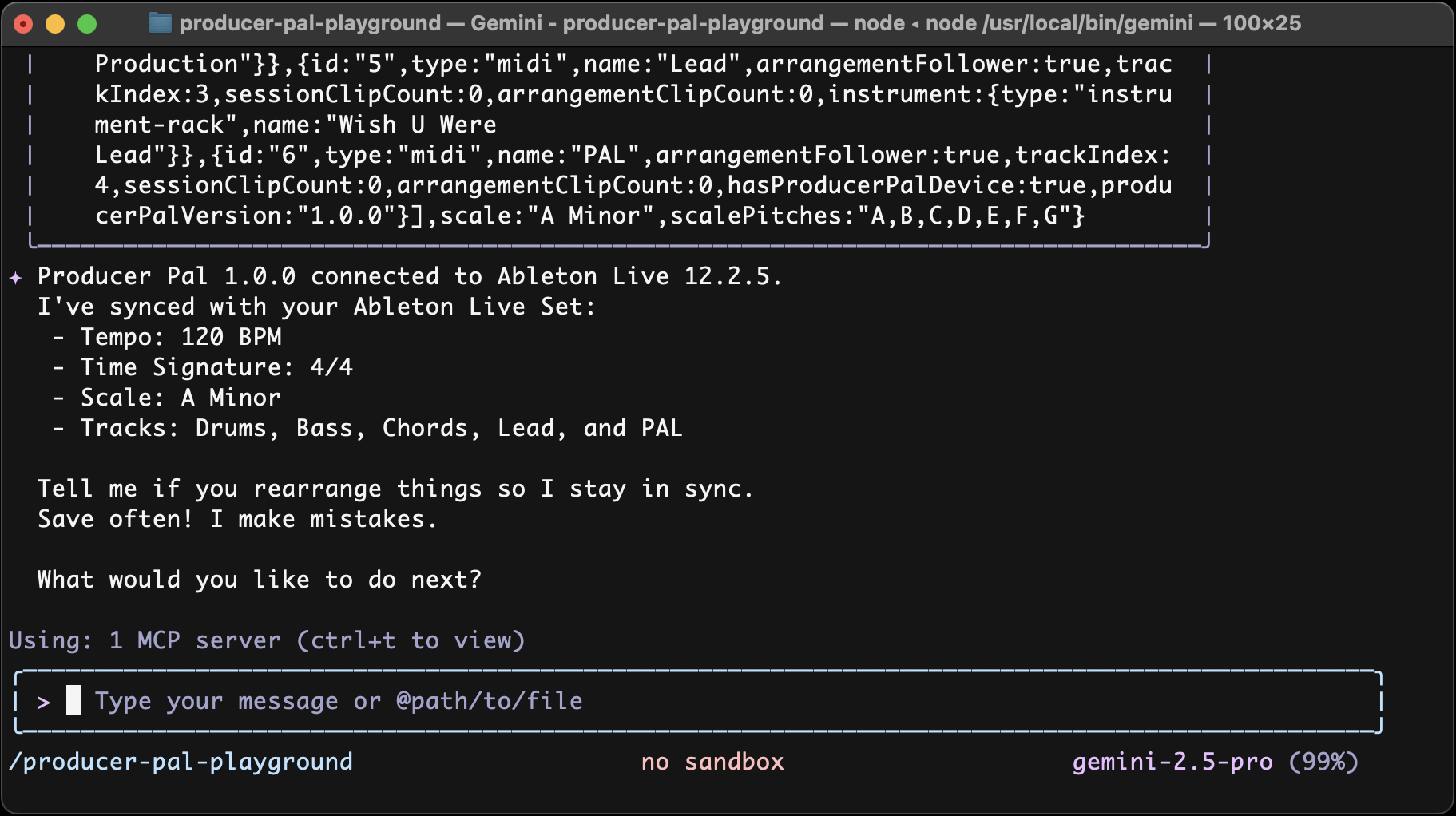 Gemini CLI successfully connected to Producer Pal