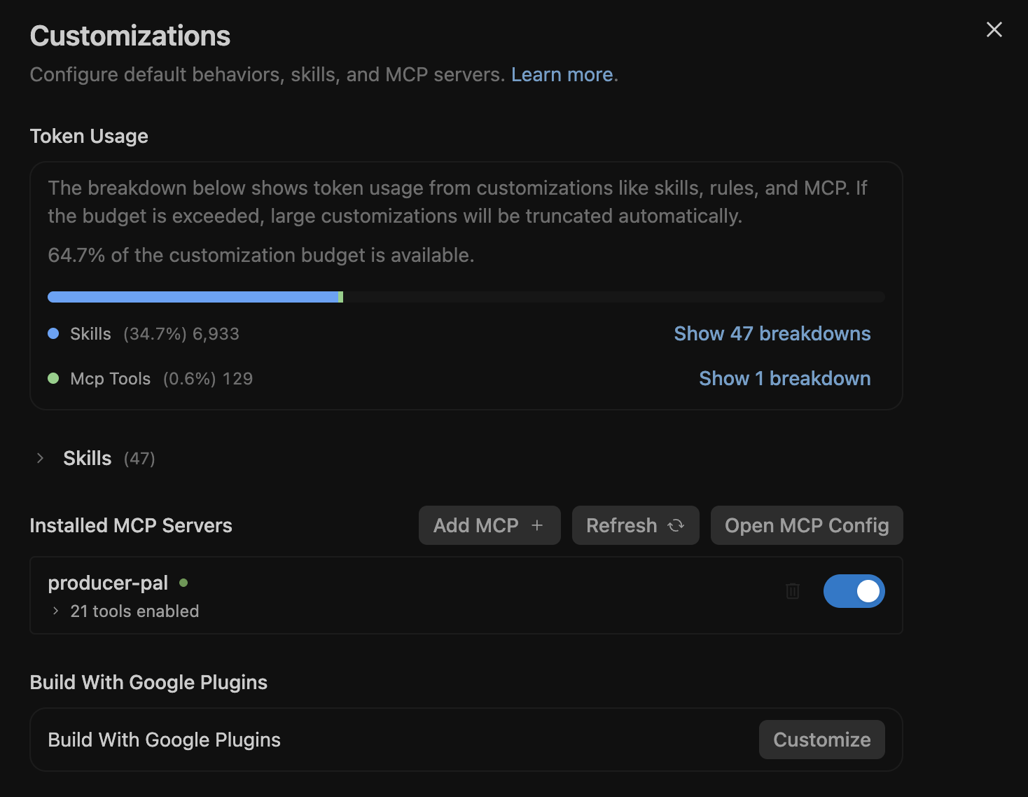 Producer Pal listed as an installed MCP server in Antigravity