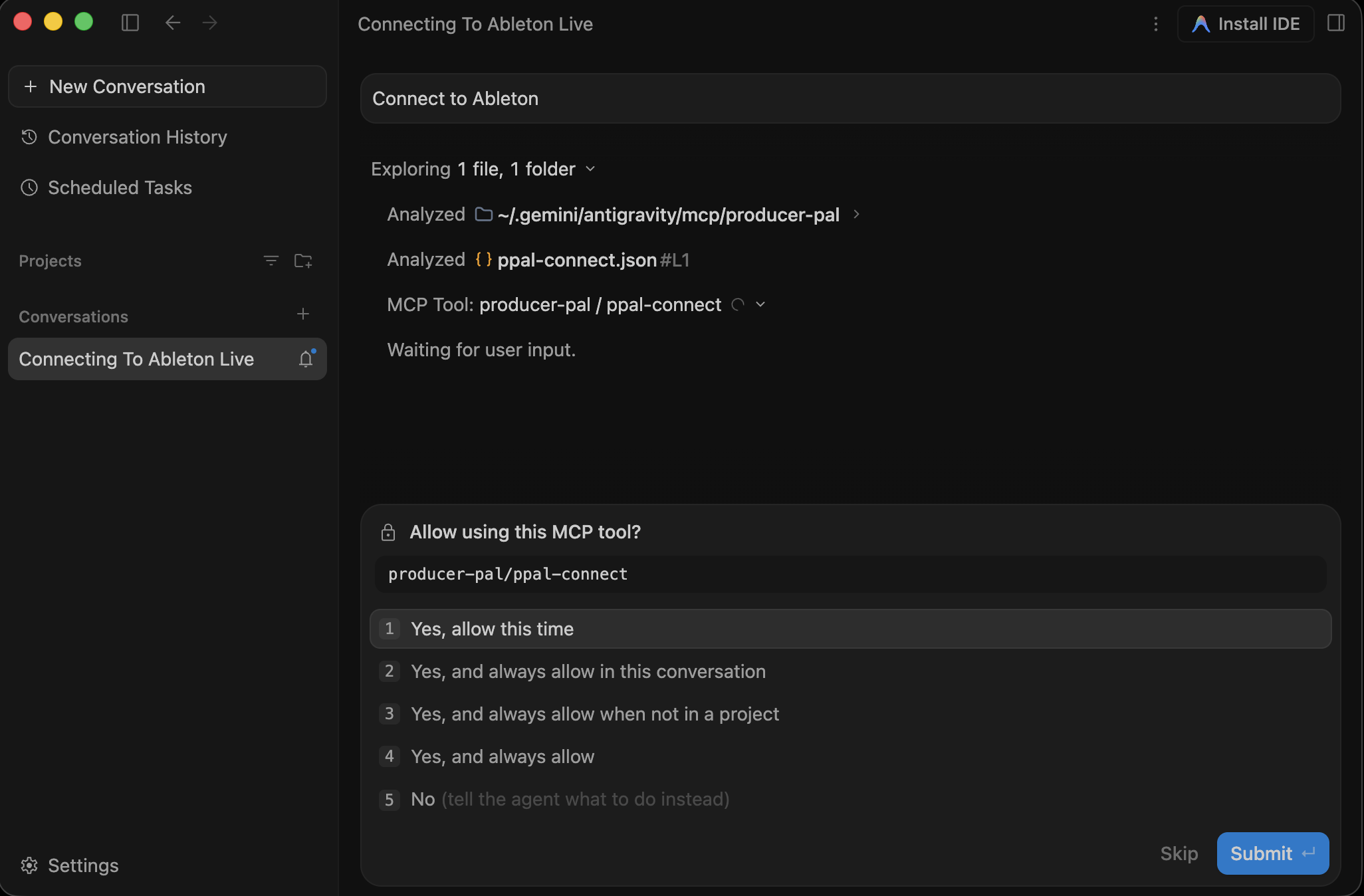 Antigravity asking permission to use a Producer Pal tool