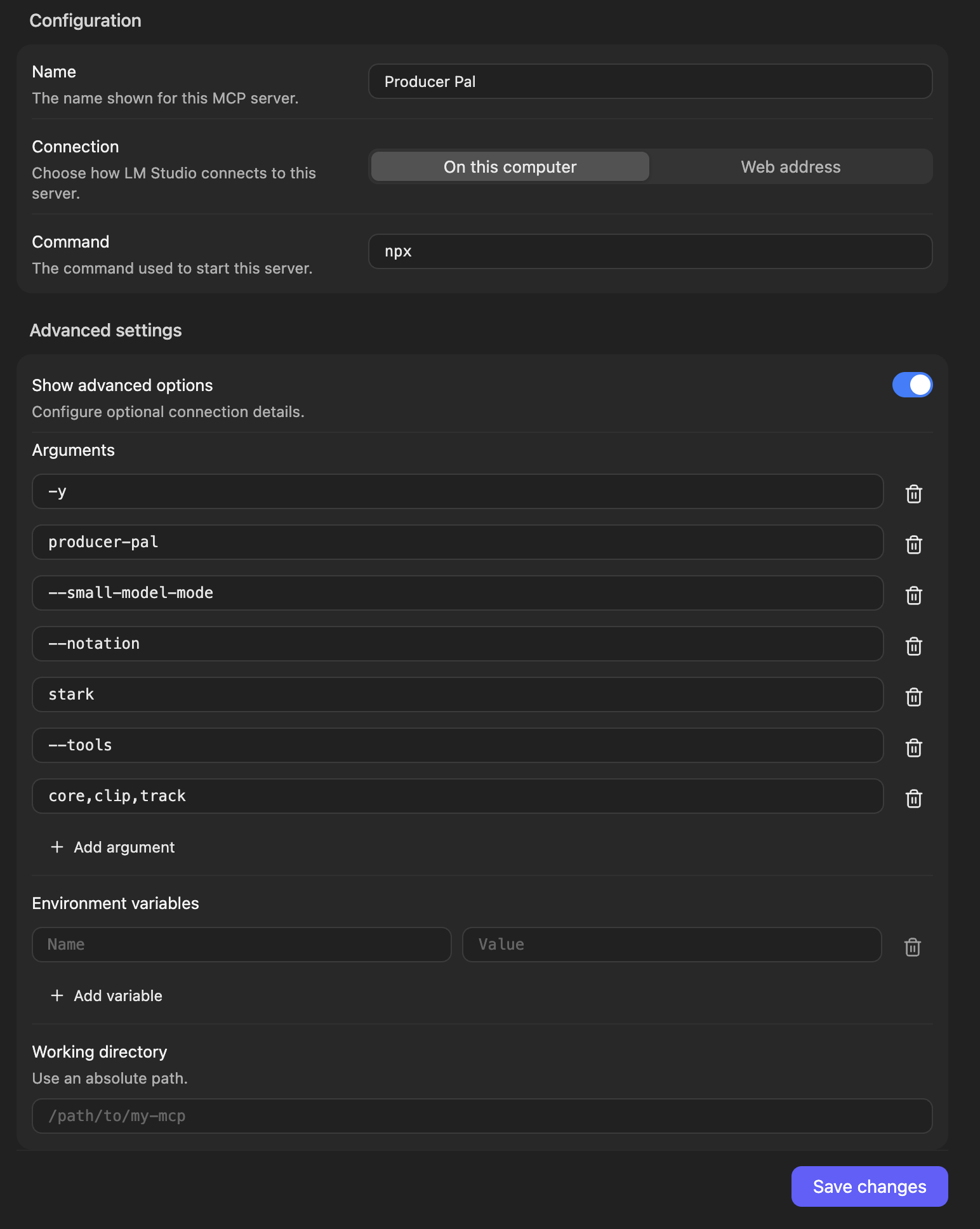 Producer Pal configured for a small local model in Bionic