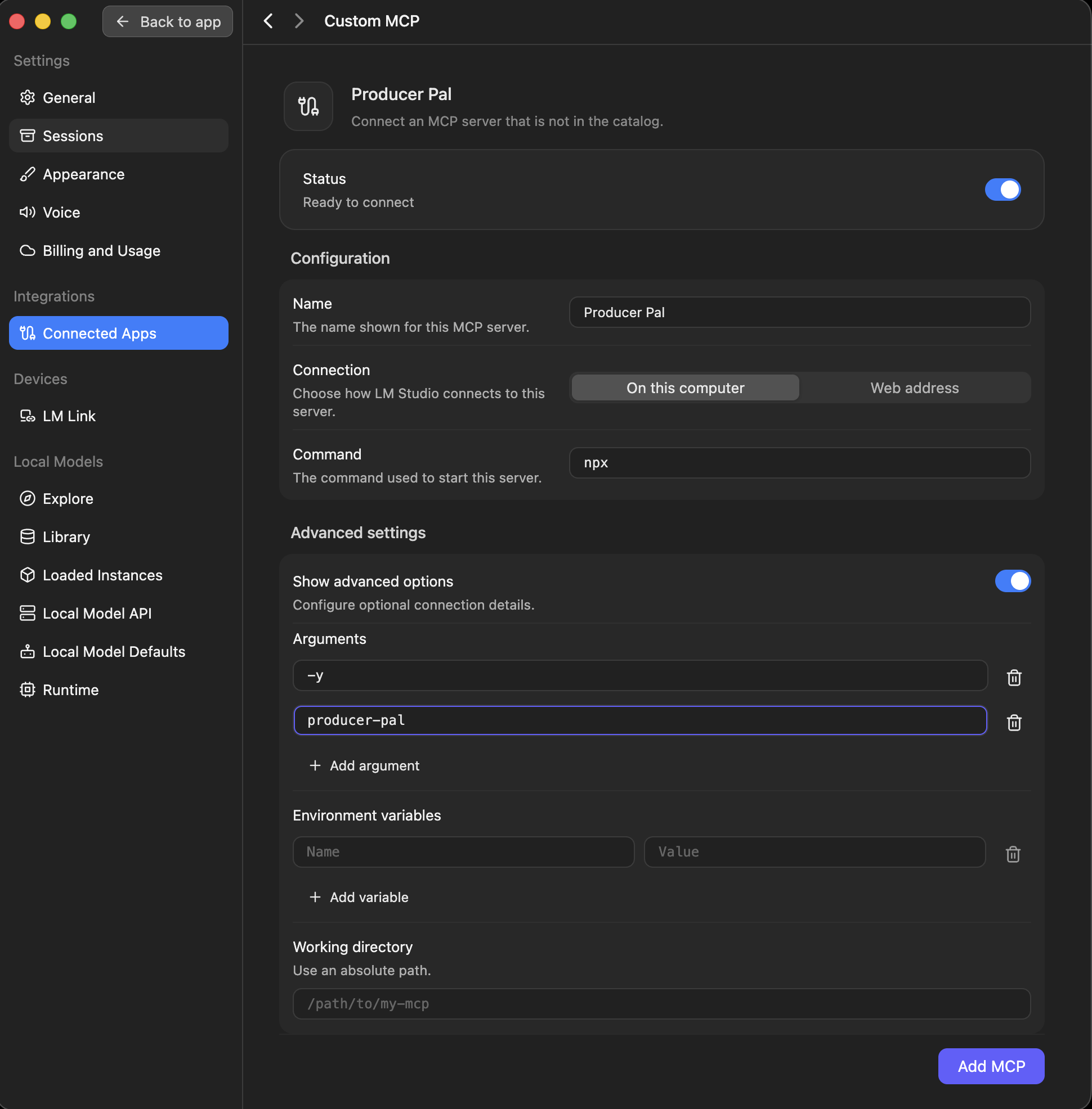 Adding Producer Pal as a custom MCP server in Bionic