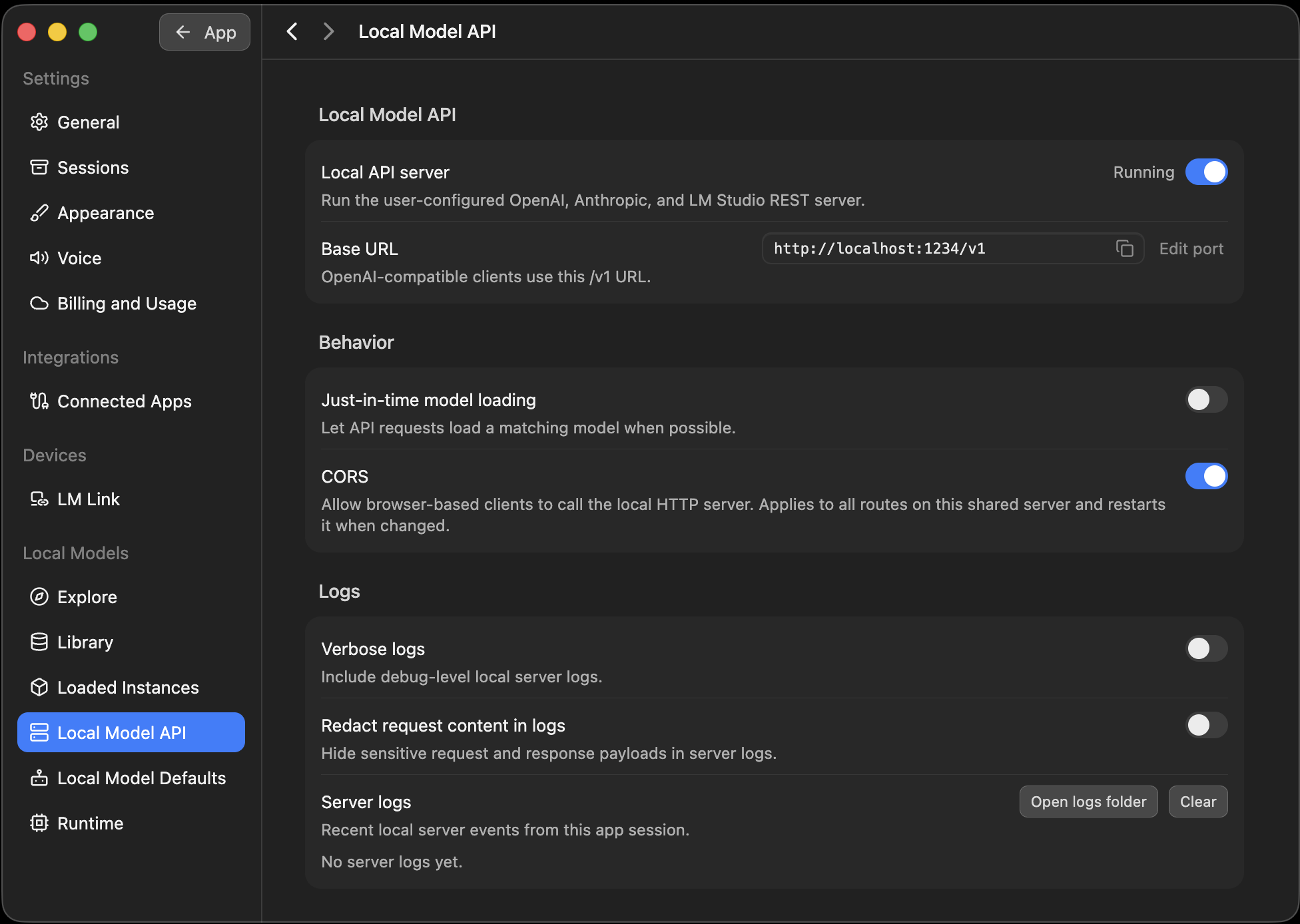 Bionic's Local Model API settings