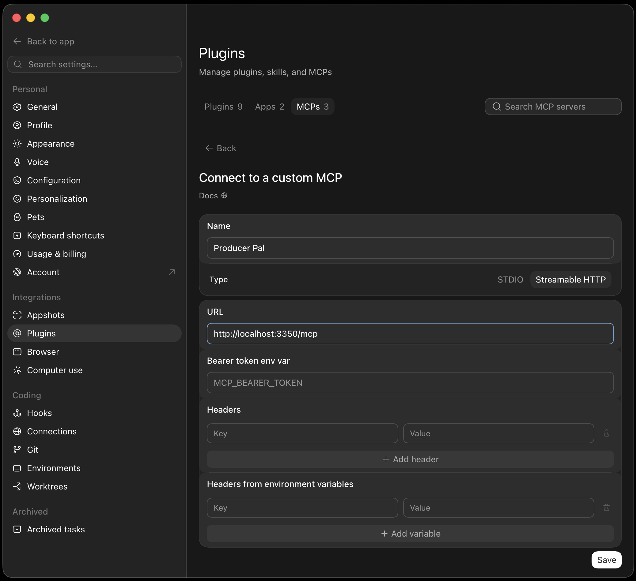 Streamable HTTP MCP configuration for Producer Pal