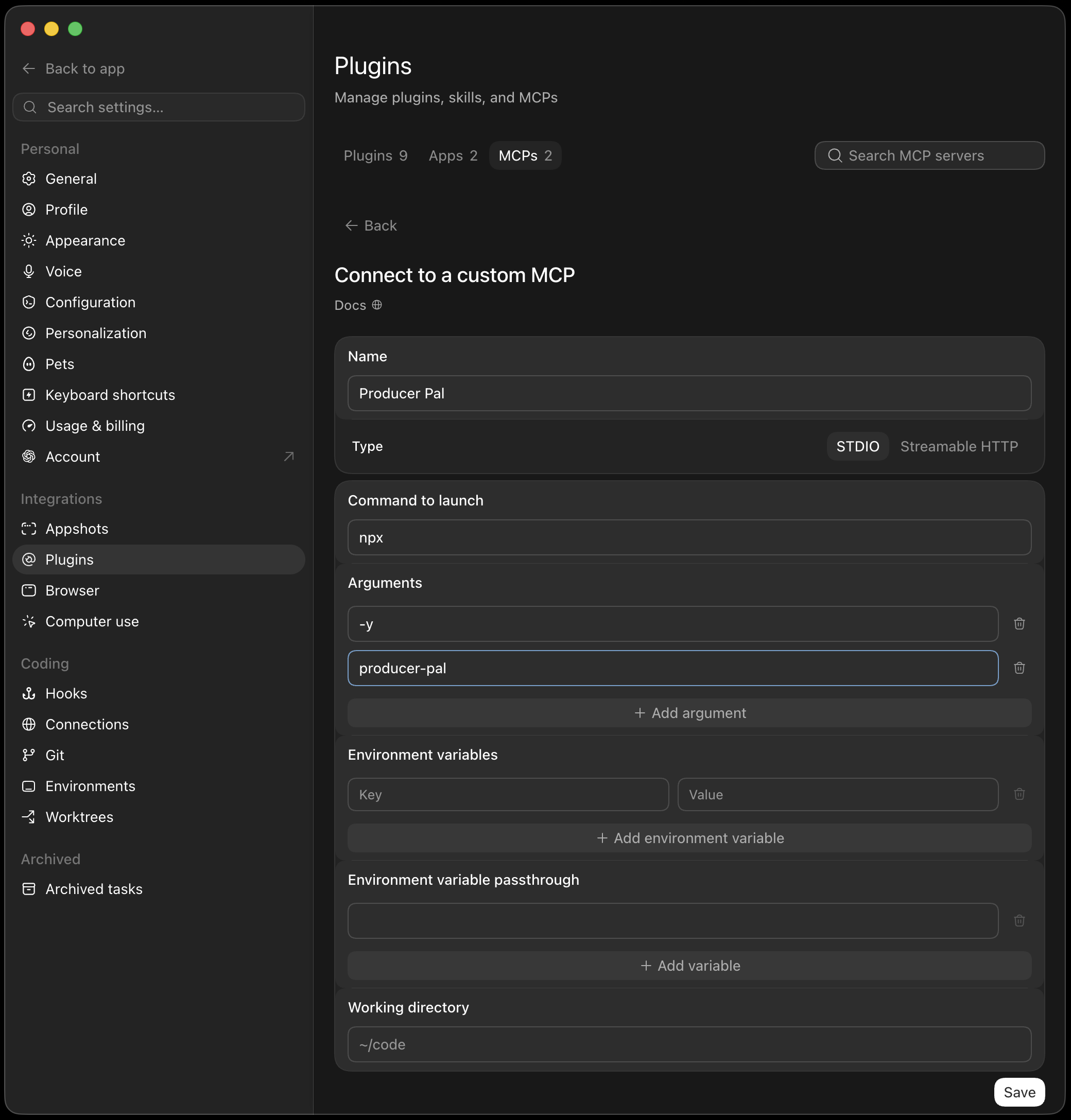 STDIO MCP configuration for Producer Pal