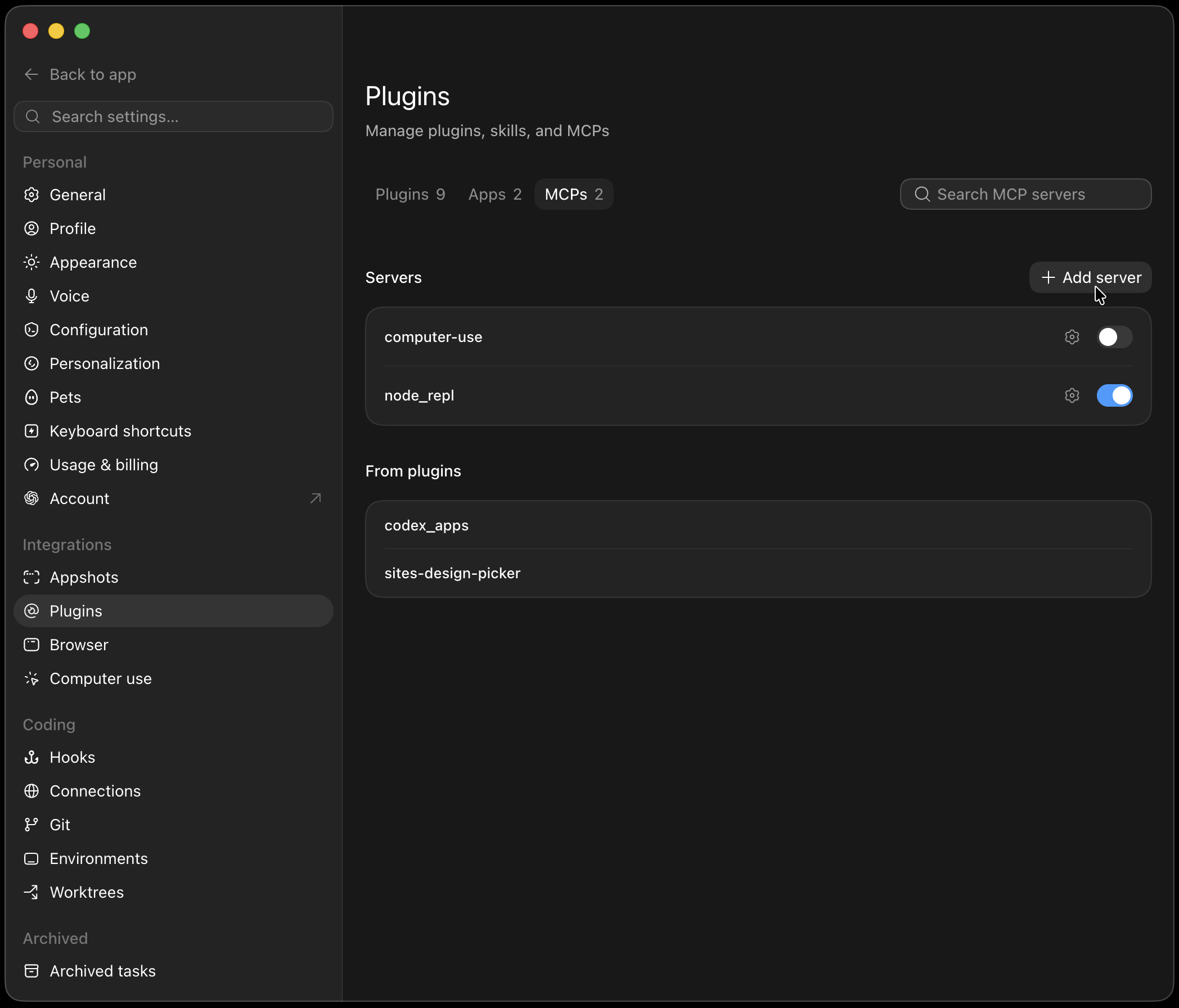 ChatGPT app MCP Servers settings page