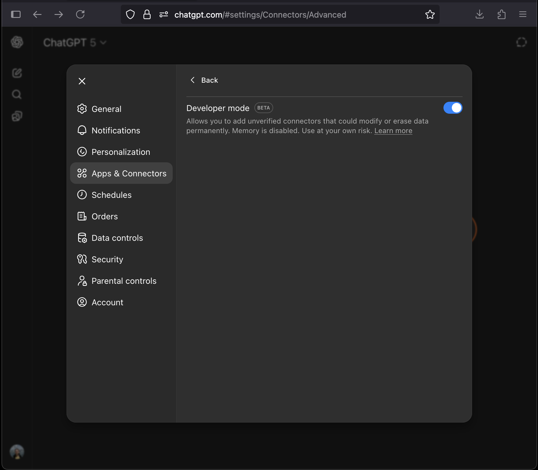 ChatGPT developer mode settings