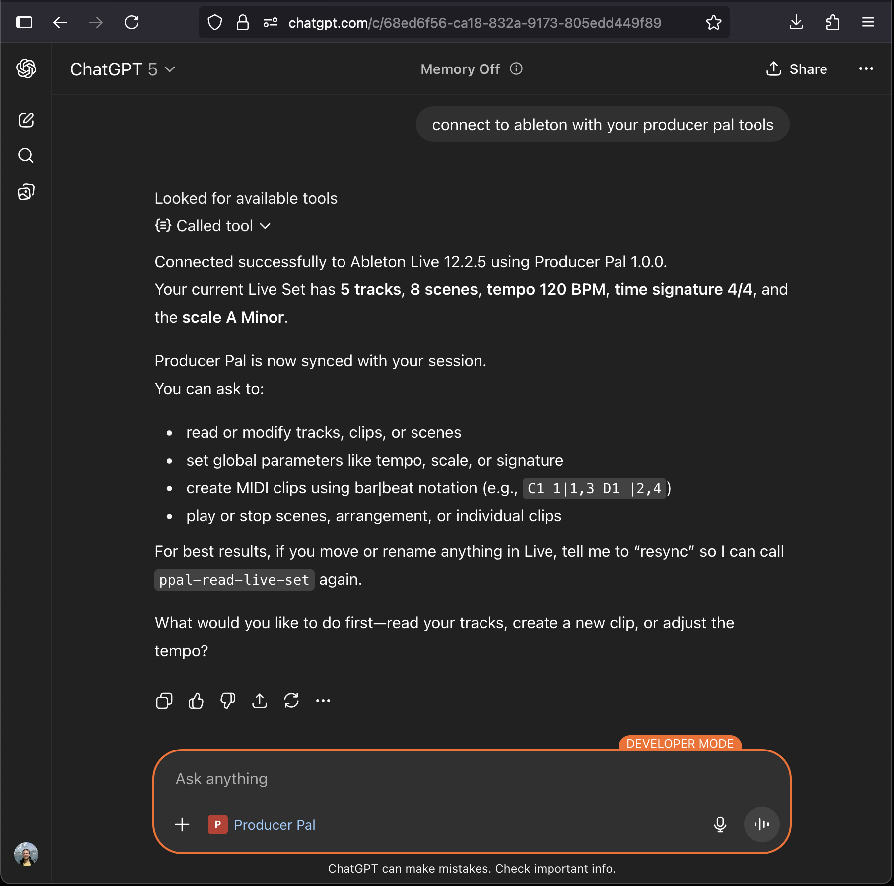 ChatGPT successfully connected to Producer Pal