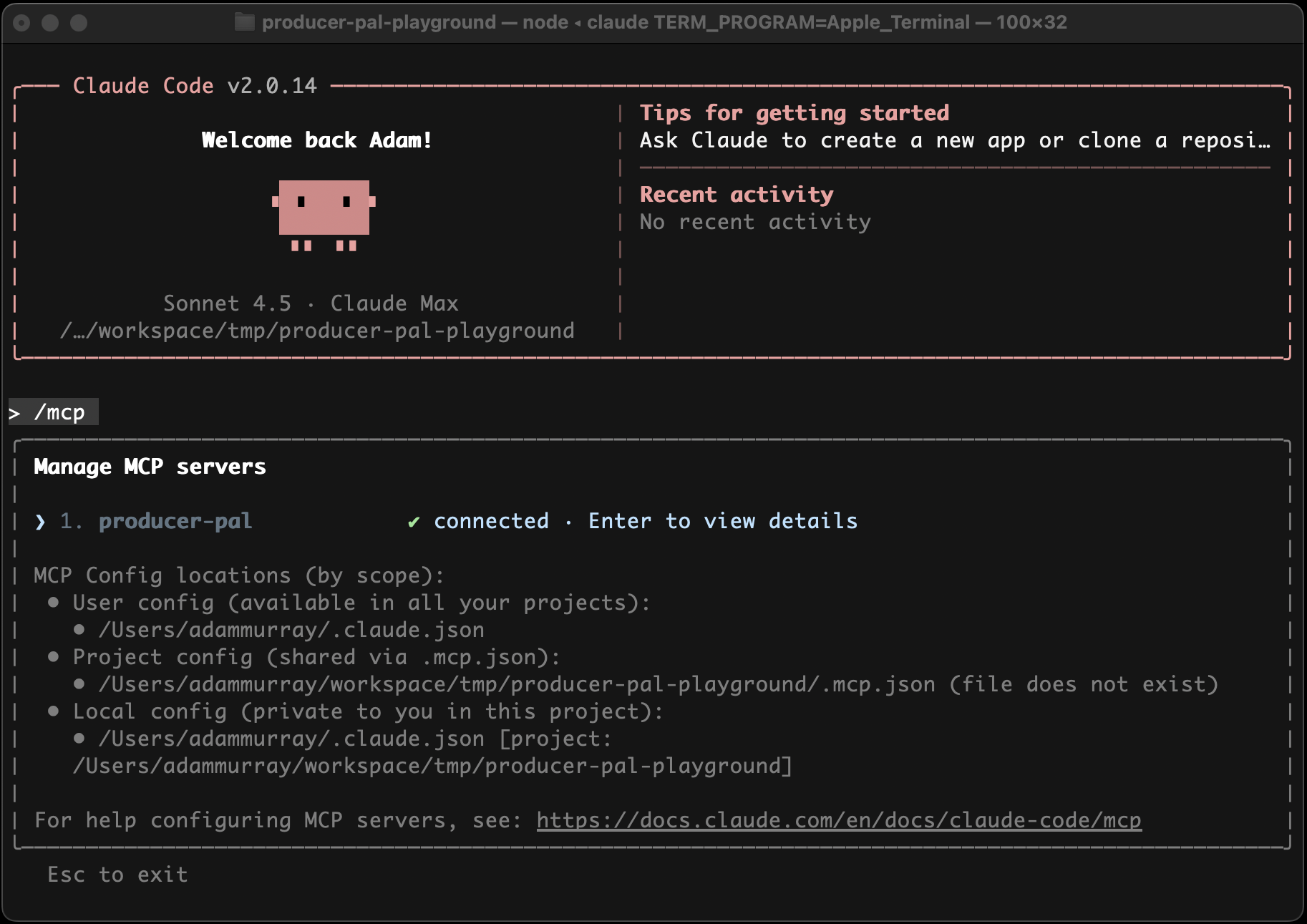 Producer Pal tools listed in Claude Code