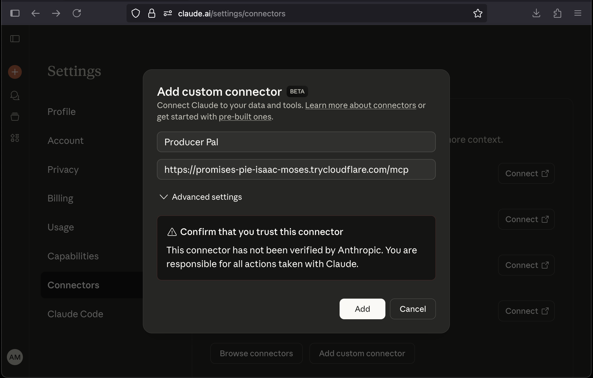 Claude web connector setup