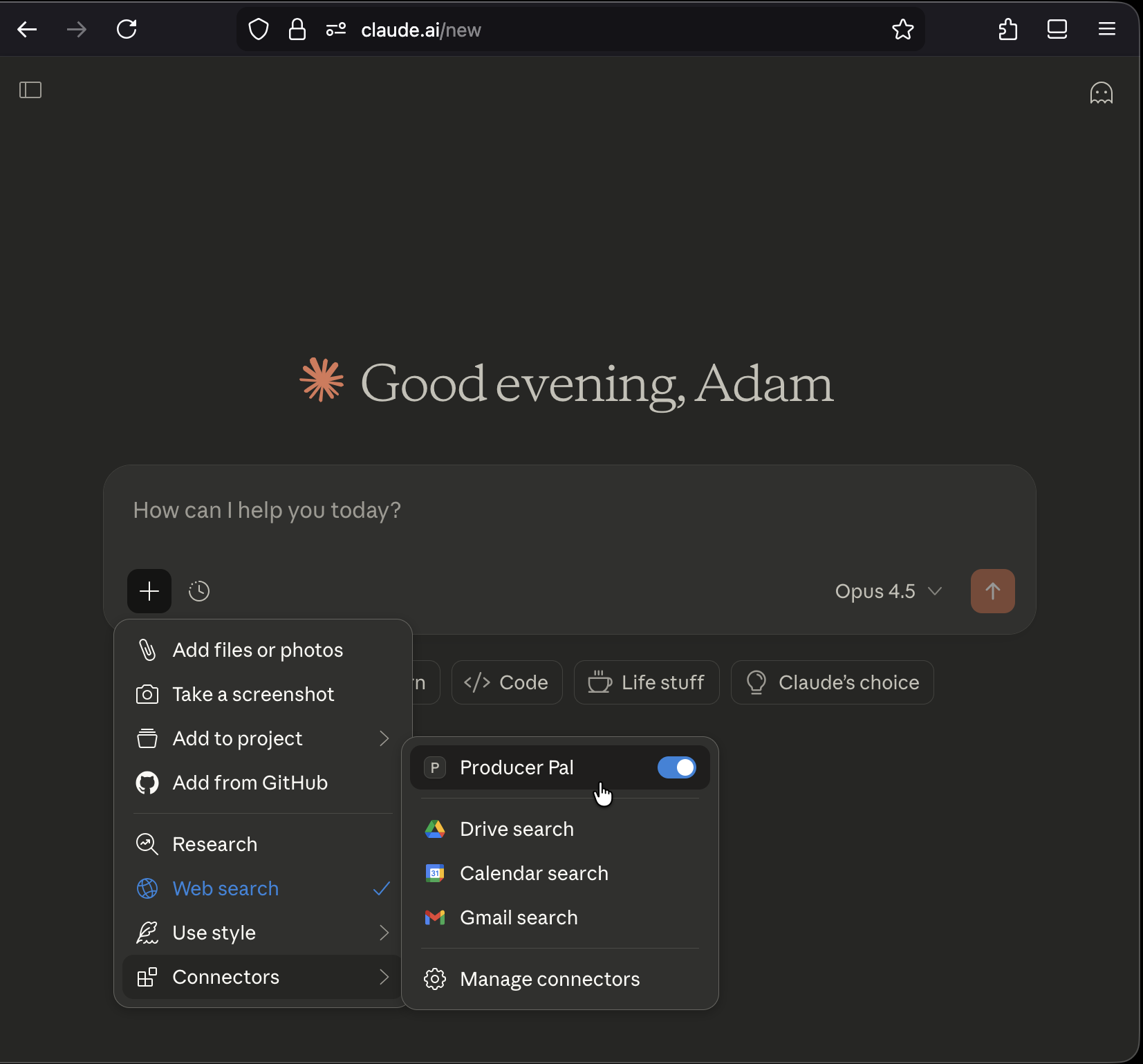 Producer Pal tools in Claude web app