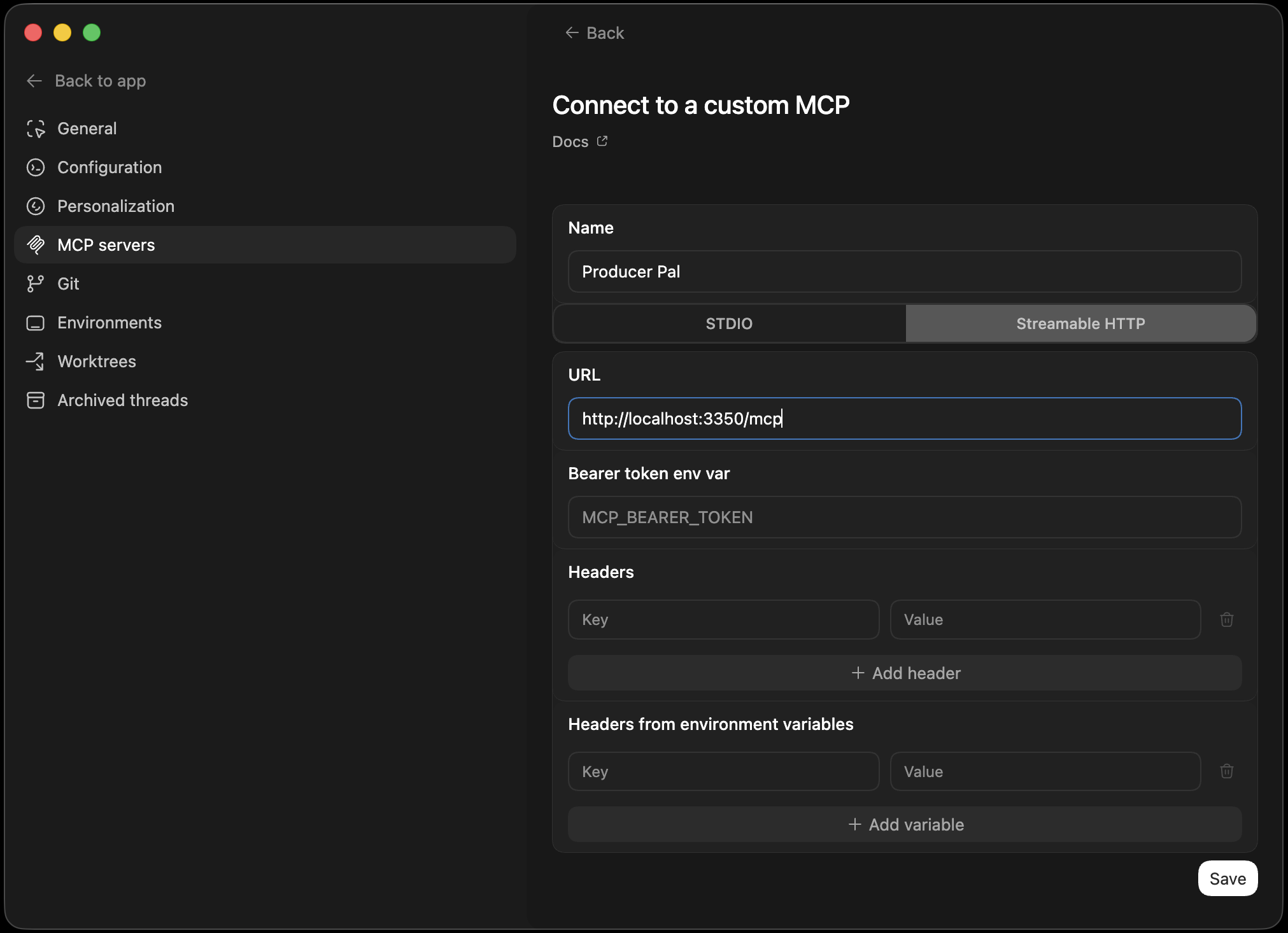 Codex Streamable HTTP MCP configuration for Producer Pal
