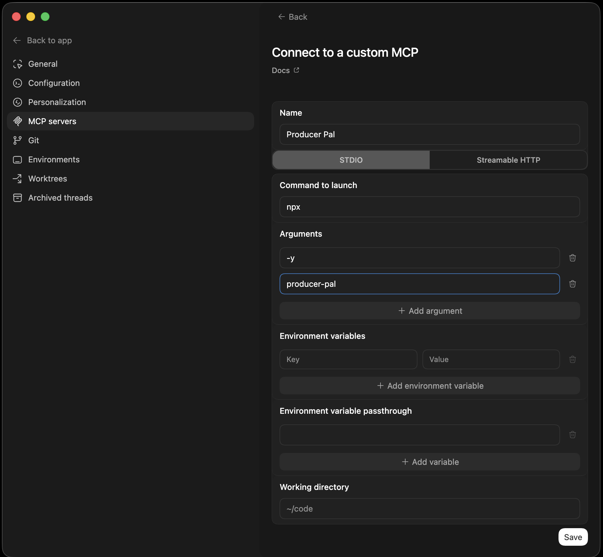 Codex STDIO MCP configuration for Producer Pal