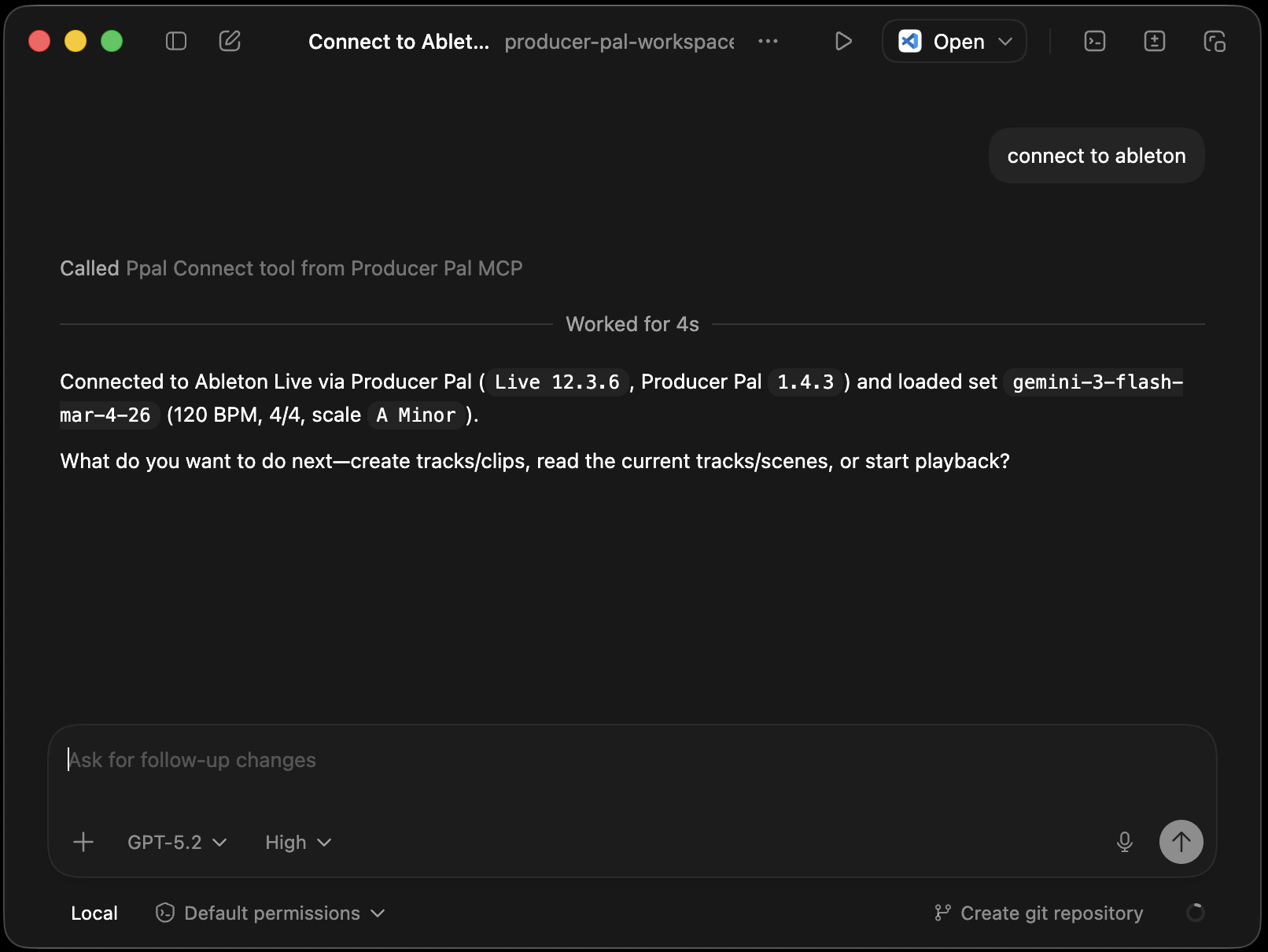 Codex app successfully connected to Producer Pal