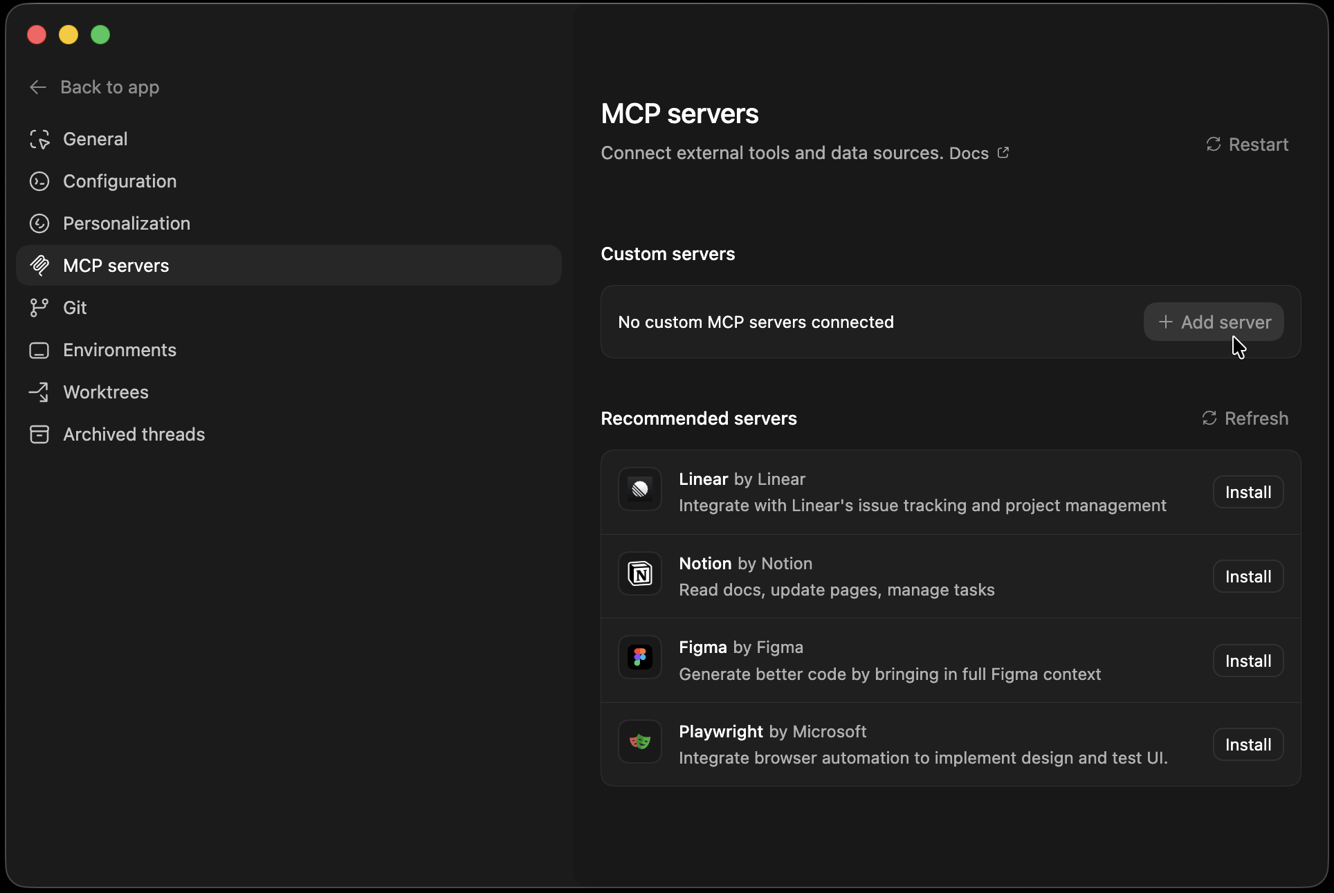 Codex MCP Servers settings page