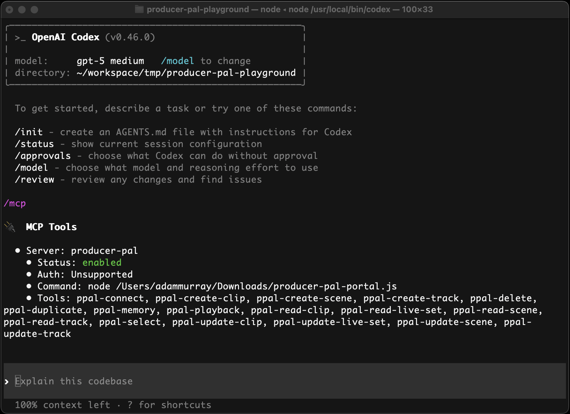 Producer Pal tools listed in Codex CLI
