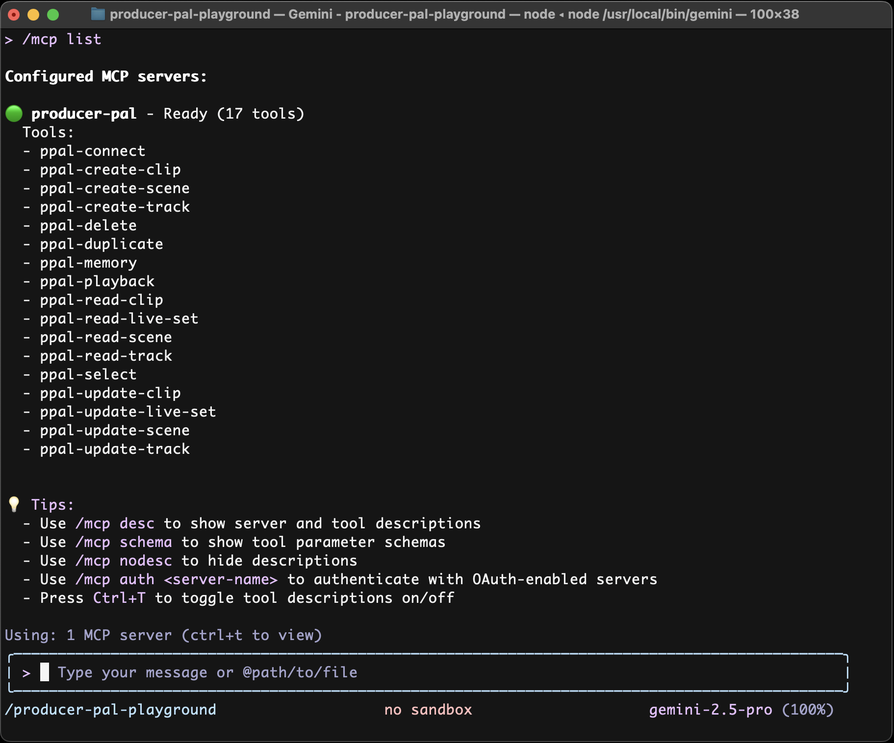 Producer Pal tools listed in Gemini CLI