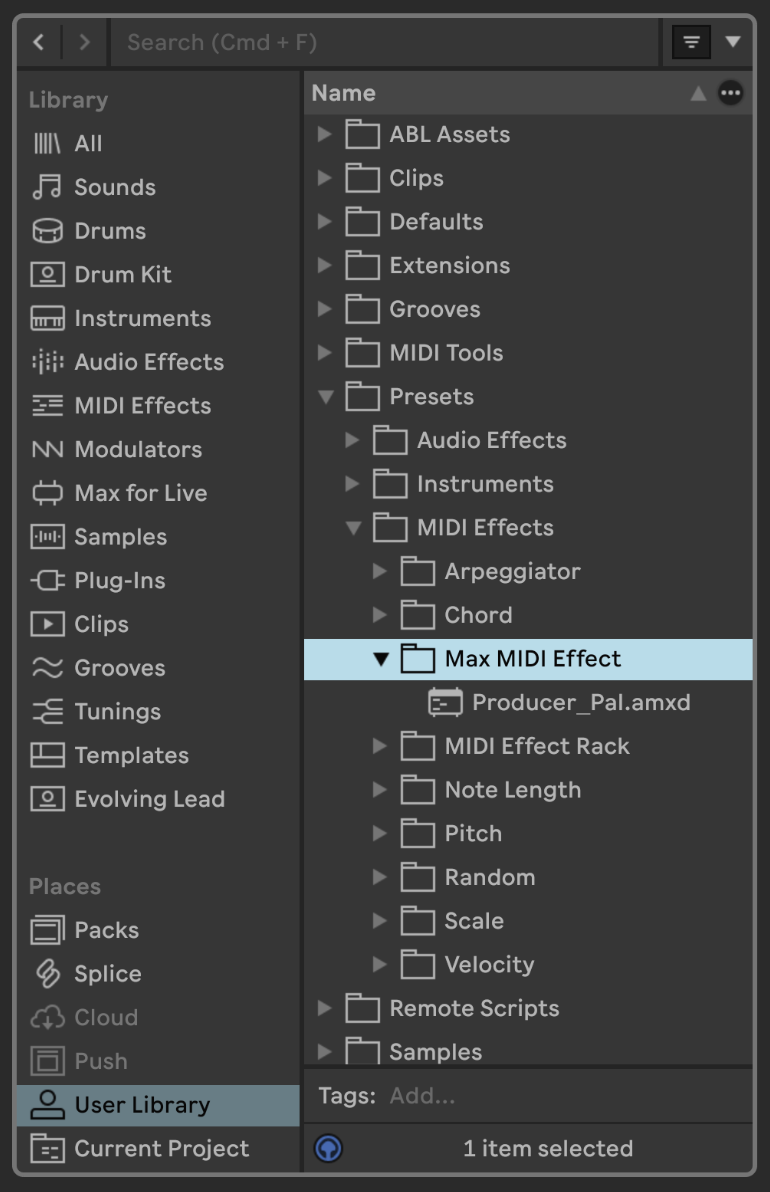 Producer_Pal.amxd in Live's browser, in User Library → Presets → MIDI Effects → Max MIDI Effect