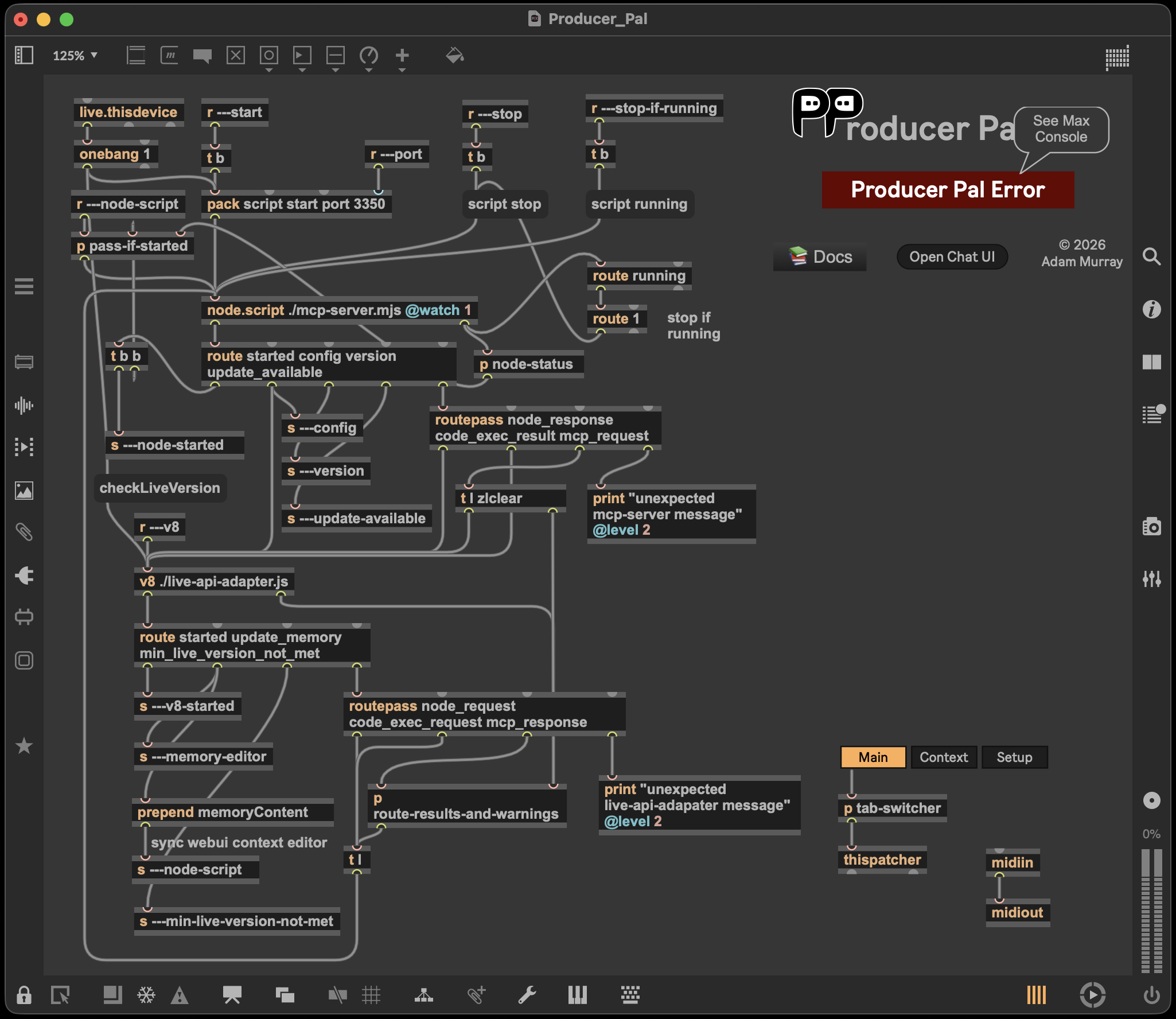 The main Producer Pal Max patch, showing the node.script and v8 objects wired together