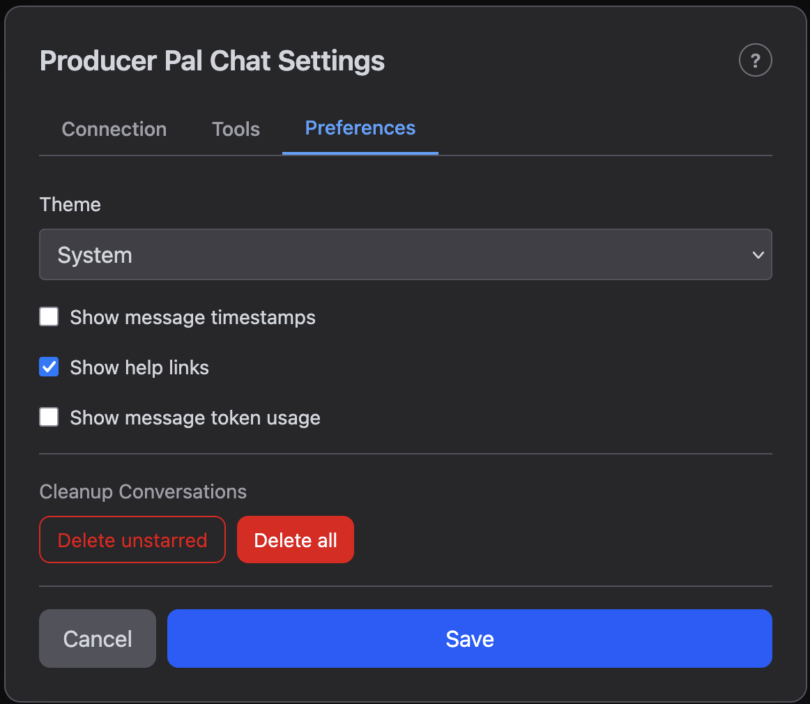 Preferences settings