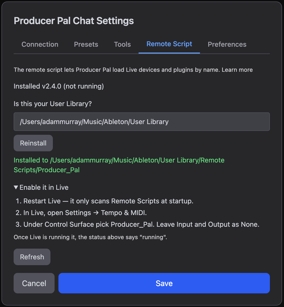 The Remote Script tab after installing, showing Installed (not running) and the Enable it in Live steps