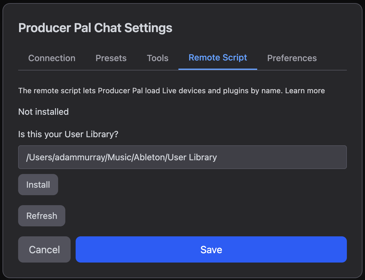 The Remote Script tab before installing, showing Not installed, the User Library path, and the Install button