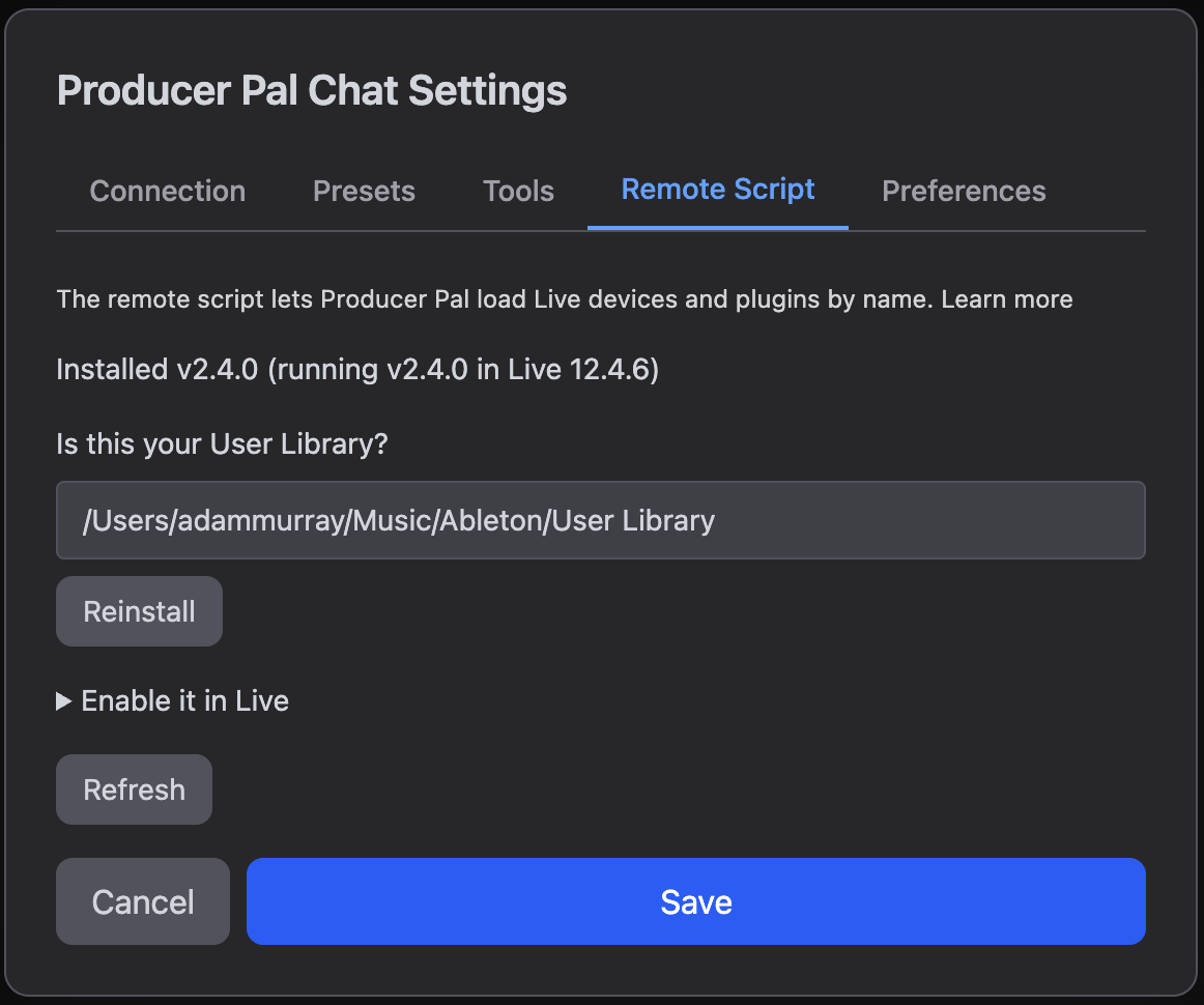 The Remote Script tab showing Installed v2.4.0, running in Live