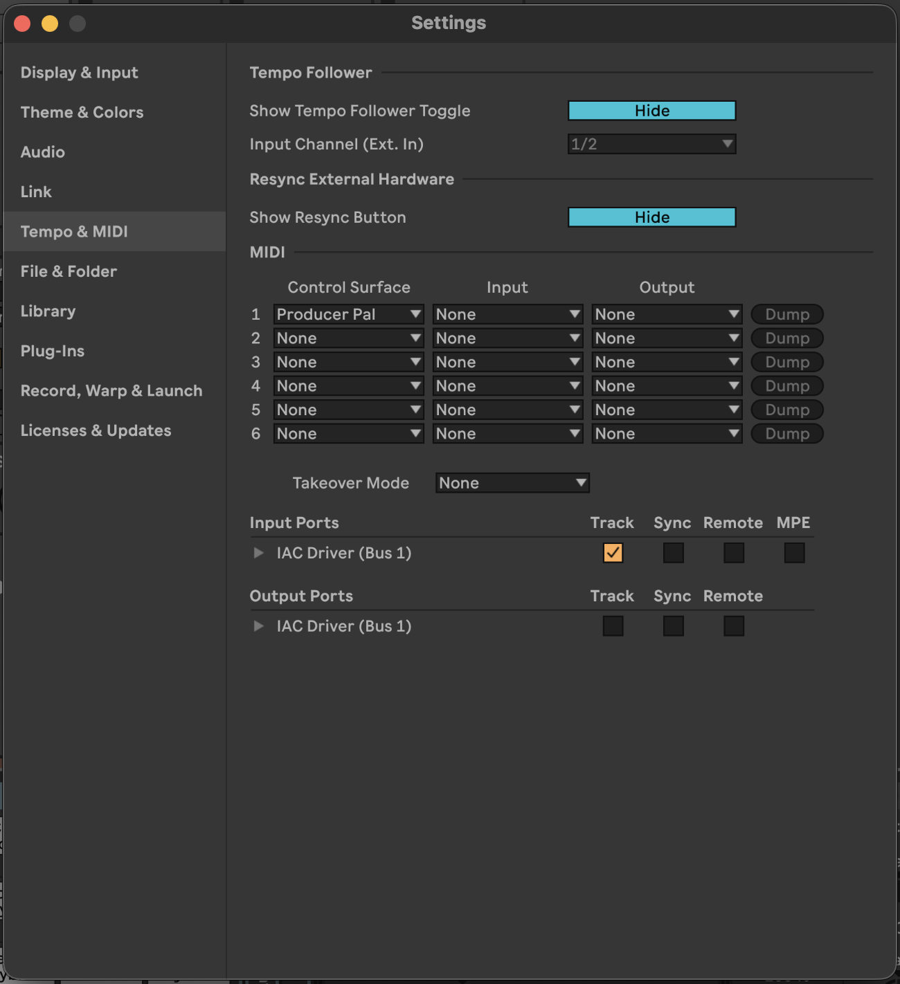 Live's Settings, Tempo & MIDI tab, with Control Surface 1 set to Producer Pal and Input and Output set to None