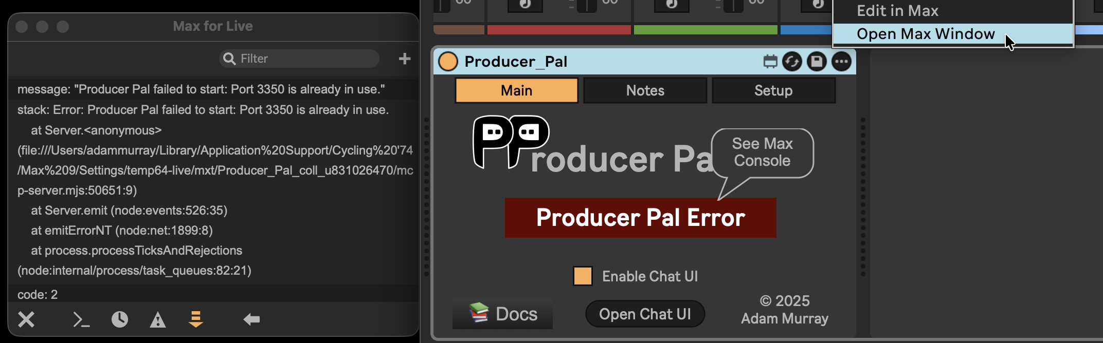 Startup error example