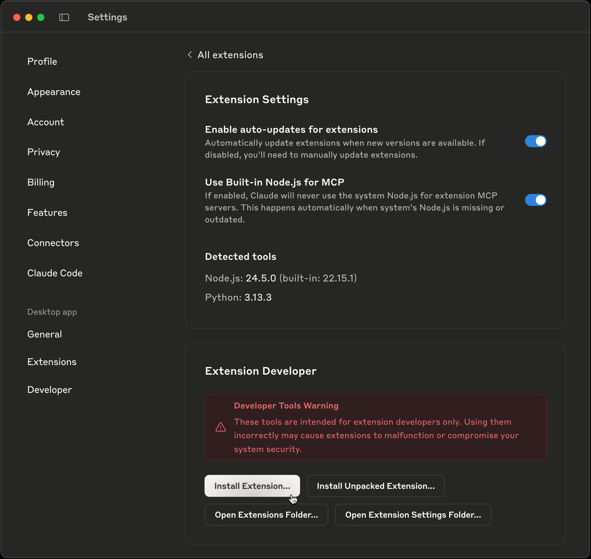 Install first extension in Claude Desktop
