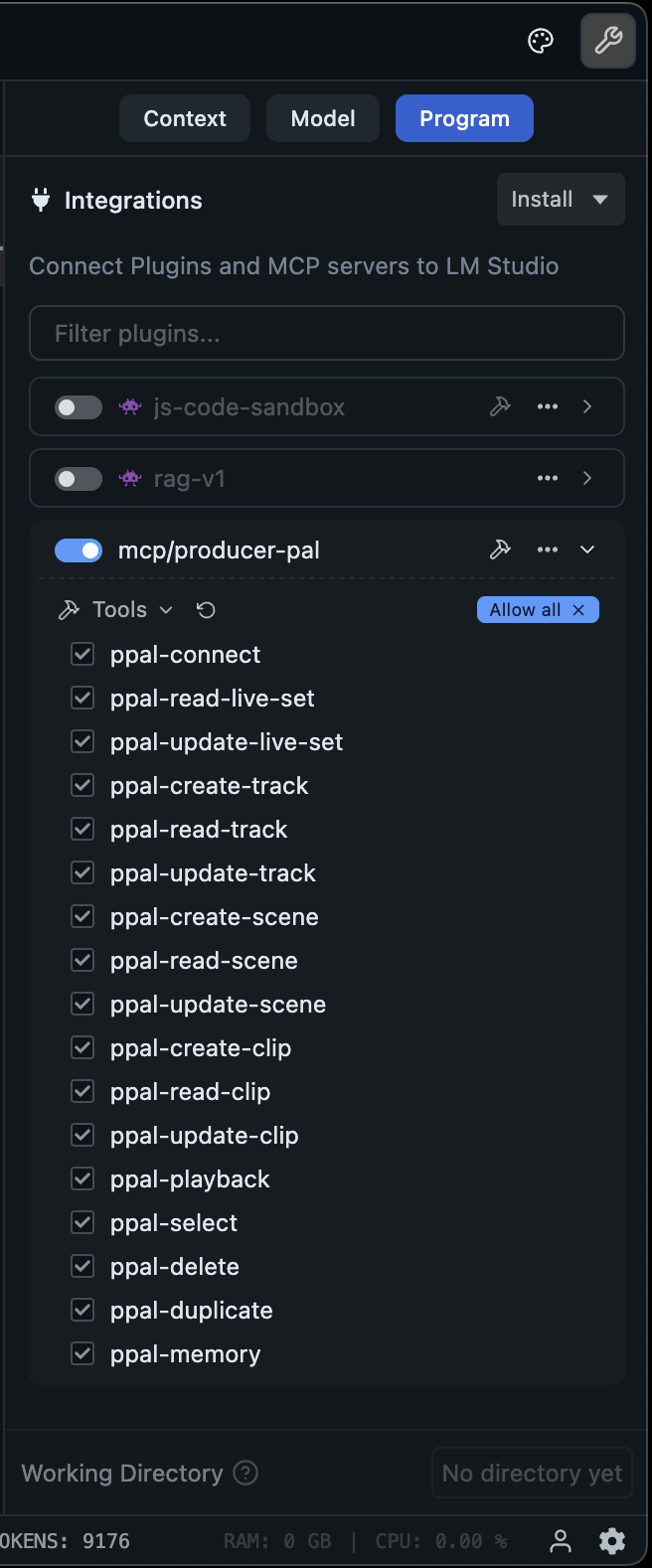 Producer Pal tools listed in LM Studio