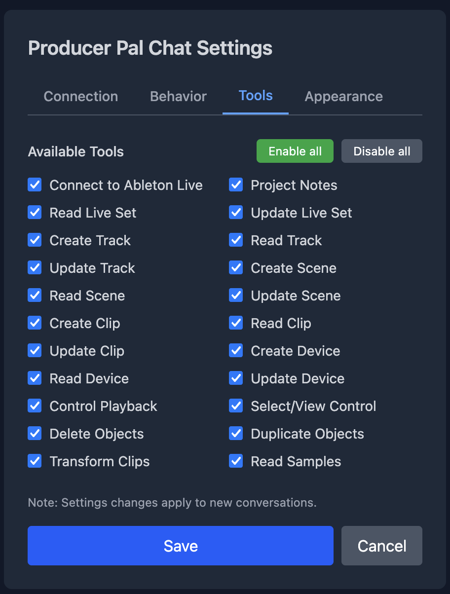 Tools settings